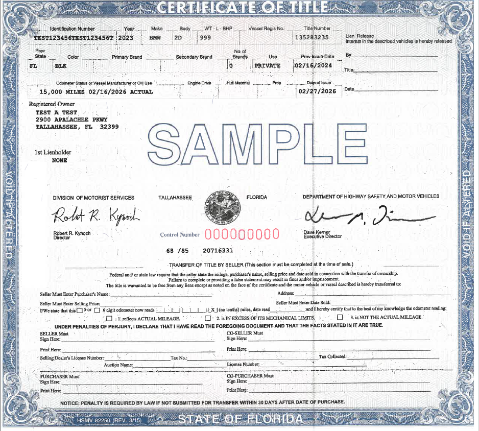Sample Florida Certificate of Title marked SAMPLE showing vehicle information fields at the top including identification number, year, make, registered owner, and odometer status, followed by the Transfer of Title by Seller section at the bottom containing fields for purchaser name and address, selling price, date sold, odometer reading, mileage checkboxes, and signature lines for seller, co-seller, purchaser, and co-purchaser.