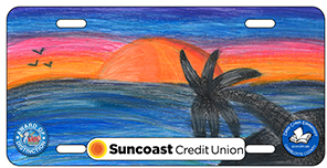 2024-2025 - 24-CH-DPC-005 - Deep Creek Elementary - Award of Distinction - License plate design showing a tropical sunset over the ocean with a silhouetted palm tree in orange and purple tones