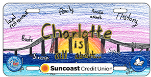2024-2025 - 24-CH-EST-001 - East Elementary - Award of Distinction - License plate design featuring the word Charlotte in decorative lettering with historical landmarks and map elements