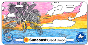 2024-2025 - 24-CH-MYK-005 - Myakka River Elementary - Award of Distinction - License plate design featuring a colorful tropical landscape with palm trees and a bright sunset sky