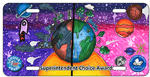 2024-2025 - 24-CH-PRV-001 - Peace River - Superintendent Choice Award - License plate design featuring rockets and planets in a colorful purple space scene with stars and celestial objects